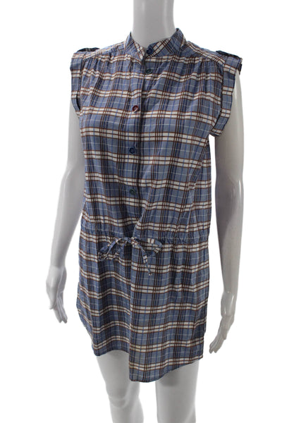 Sessun Womens Cotton Plaid Tie Front Buttoned Sleeveless Dress Blue Size M