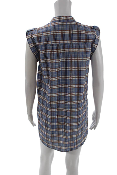 Sessun Womens Cotton Plaid Tie Front Buttoned Sleeveless Dress Blue Size M