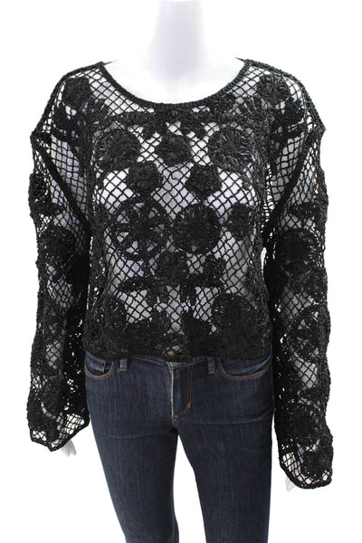 Zara Women's Long Sleeves Open Knit Crochet Cropped Top Black Size M