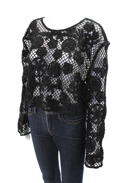 Zara Women's Long Sleeves Open Knit Crochet Cropped Top Black Size M