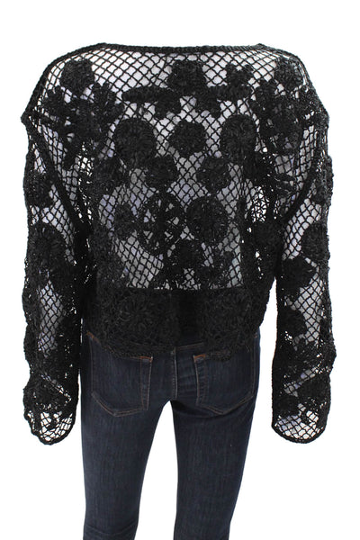 Zara Women's Long Sleeves Open Knit Crochet Cropped Top Black Size M