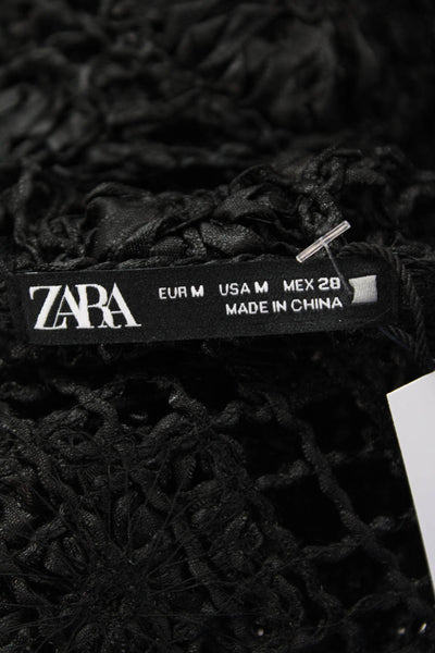 Zara Women's Long Sleeves Open Knit Crochet Cropped Top Black Size M
