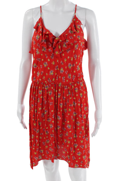 Rebecca Taylor Womens Spaghetti Strap V Neck Ruffled Floral Dress Red Size 2
