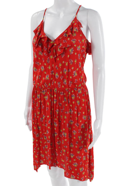 Rebecca Taylor Womens Spaghetti Strap V Neck Ruffled Floral Dress Red Size 2