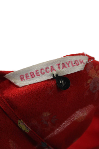 Rebecca Taylor Womens Spaghetti Strap V Neck Ruffled Floral Dress Red Size 2