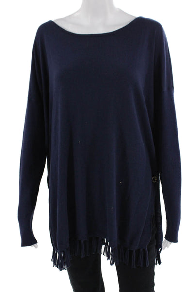 Lilly Pulitzer Womens Long Sleeve Scoop Neck Fringe Sweater Navy Cotton Large