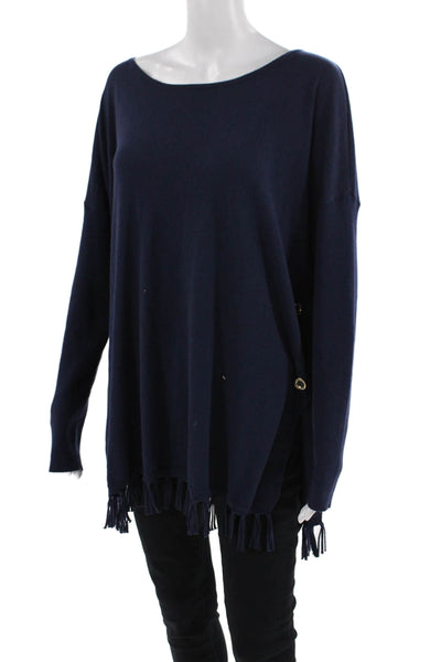 Lilly Pulitzer Womens Long Sleeve Scoop Neck Fringe Sweater Navy Cotton Large