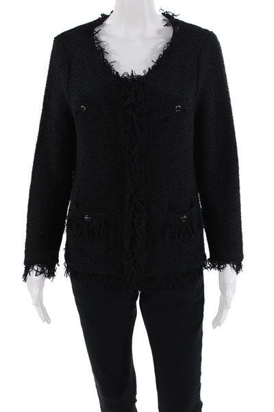 Berek Womens Hook Front Fringe Trim Knit Jacket Black Cotton Size Medium