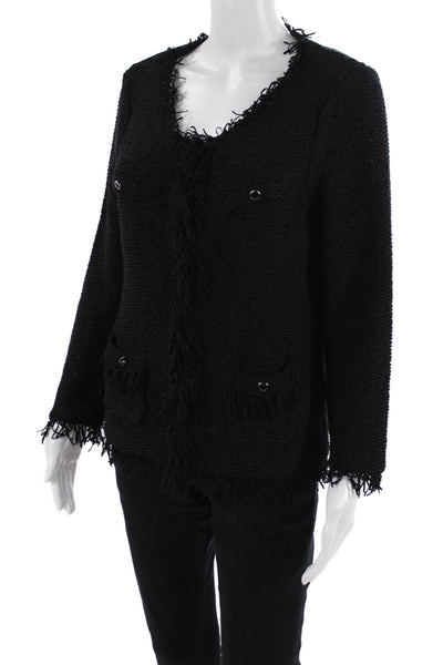 Berek Womens Hook Front Fringe Trim Knit Jacket Black Cotton Size Medium