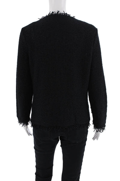 Berek Womens Hook Front Fringe Trim Knit Jacket Black Cotton Size Medium