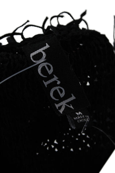 Berek Womens Hook Front Fringe Trim Knit Jacket Black Cotton Size Medium