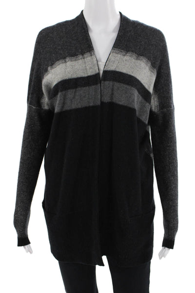Vince Womens Long Sleeve Striped Open Cashmere Cardigan Sweater Black Gray XS