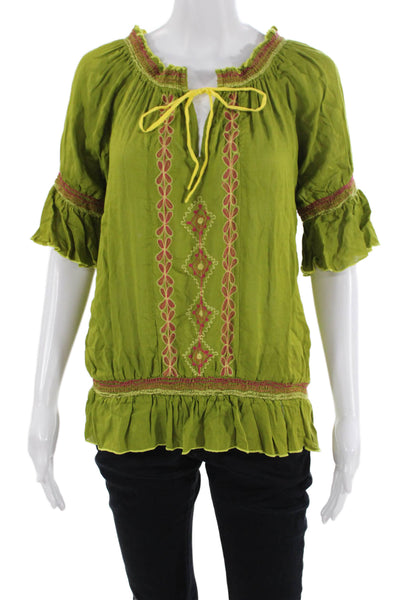 Poupette St. Barth Womens Embroidered Scoop Neck Blouse Top Green Size Small
