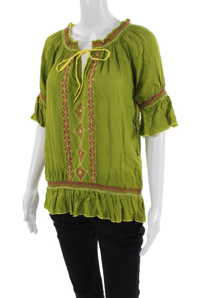 Poupette St. Barth Womens Embroidered Scoop Neck Blouse Top Green Size Small