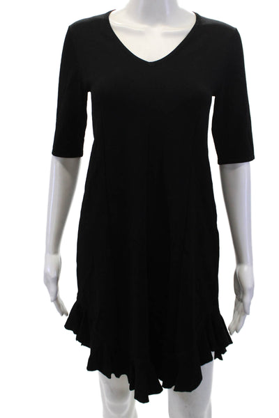 Karen Millen Womens V-neck 3/4 Sleeve Pleated Ruffle Dress Solid Black Size S