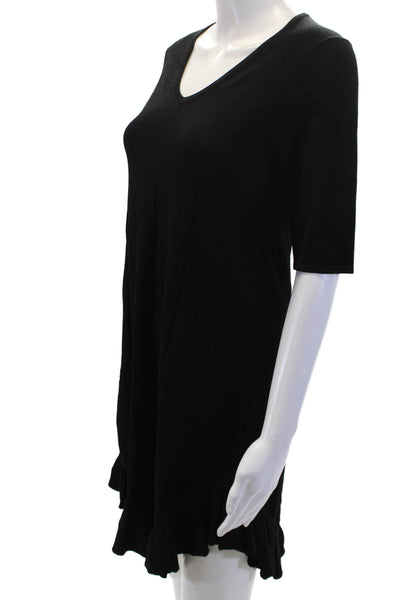 Karen Millen Womens V-neck 3/4 Sleeve Pleated Ruffle Dress Solid Black Size S