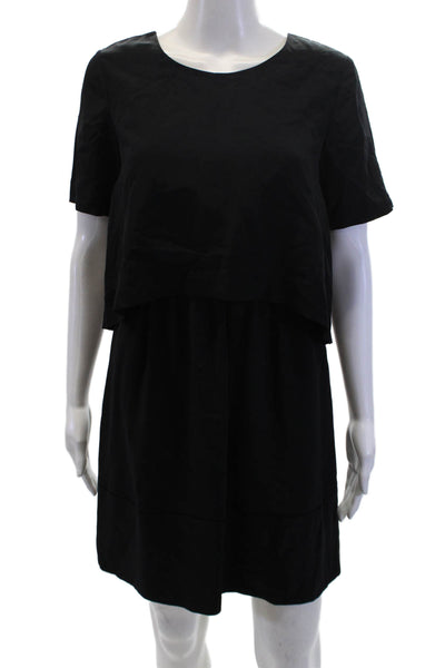 Club Monaco Womens Silk Crew Neck Layered Short Sleeve Dress Black Size 00