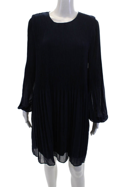 Halogen Womens Ribbed Pleated Buttoned Round Neck A-Line Dress Navy Size M