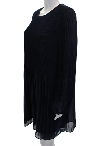 Halogen Womens Ribbed Pleated Buttoned Round Neck A-Line Dress Navy Size M