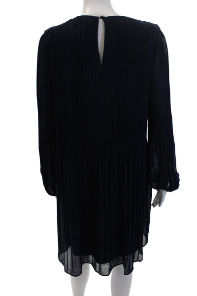Halogen Womens Ribbed Pleated Buttoned Round Neck A-Line Dress Navy Size M