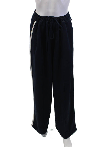 Zara Womens Striped Print Drawstring Wide Leg Track Pants Navy Size L