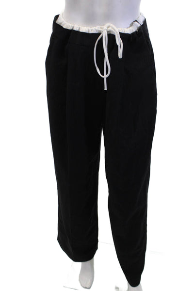 Zara Womens Striped Folded Waist Drawstring Wide Leg Dress Pants Black Size L