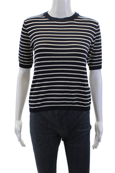 Zara Womens Striped Print Round Neck Short Sleeve Top Navy Size M