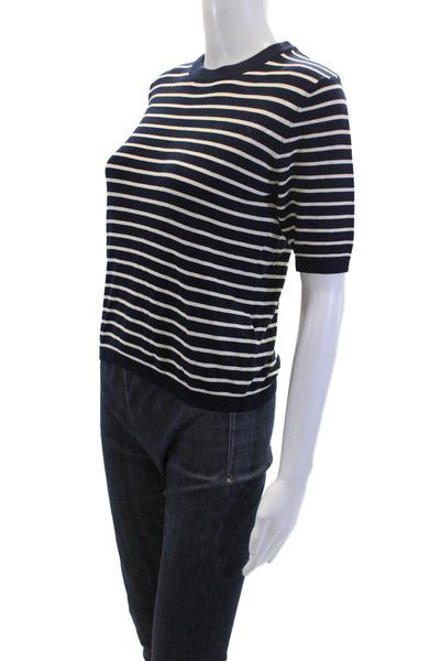 Zara Womens Striped Print Round Neck Short Sleeve Top Navy Size M