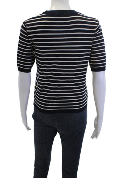 Zara Womens Striped Print Round Neck Short Sleeve Top Navy Size M