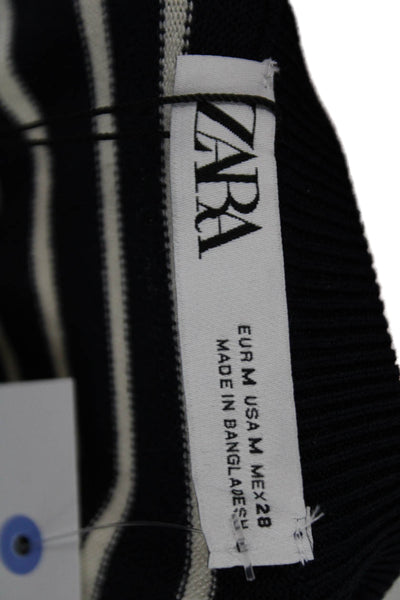 Zara Womens Striped Print Round Neck Short Sleeve Top Navy Size M