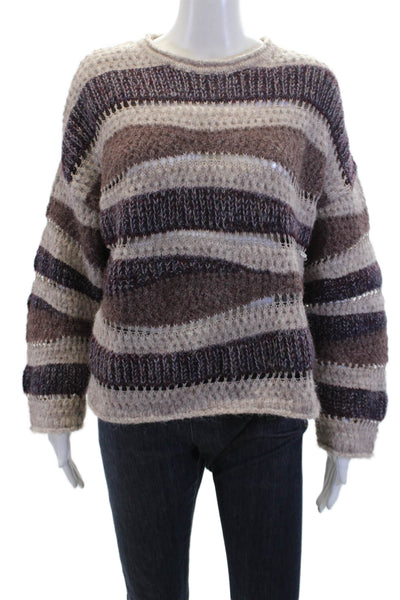 Zara Womens Striped Print Knitted Textured Cut-Out Sweater Purple Size L