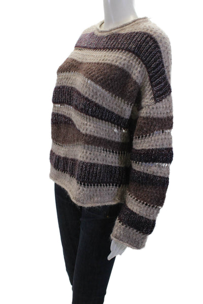 Zara Womens Striped Print Knitted Textured Cut-Out Sweater Purple Size L