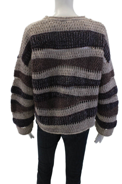 Zara Womens Striped Print Knitted Textured Cut-Out Sweater Purple Size L