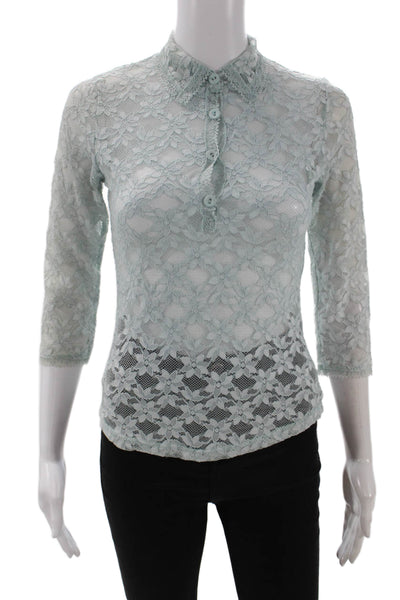 Anonymous Womens Floral Lace Collar Long Sleeve Blouse Top Blue Size S
