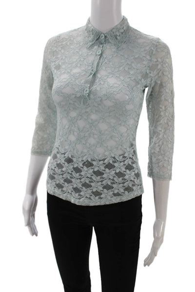 Anonymous Womens Floral Lace Collar Long Sleeve Blouse Top Blue Size S