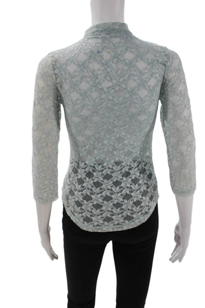 Anonymous Womens Floral Lace Collar Long Sleeve Blouse Top Blue Size S