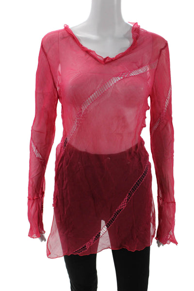Poupette St. Barth Womens Sheer V-neck Stitch Detail Tunic Top Red Size S