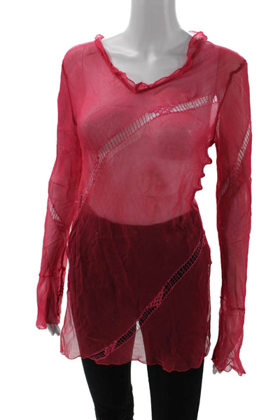 Poupette St. Barth Womens Sheer V-neck Stitch Detail Tunic Top Red Size S