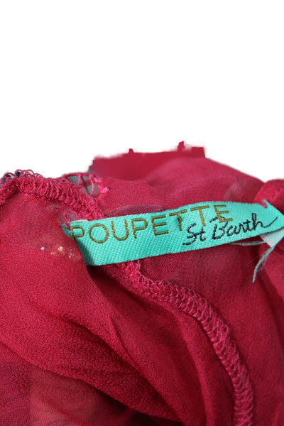 Poupette St. Barth Womens Sheer V-neck Stitch Detail Tunic Top Red Size S