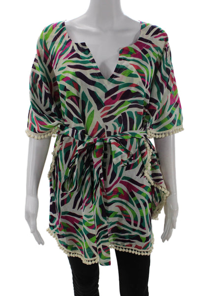 Si Belle Womens Printed Pom-pom Detail Poncho Blouse Top Green Size L