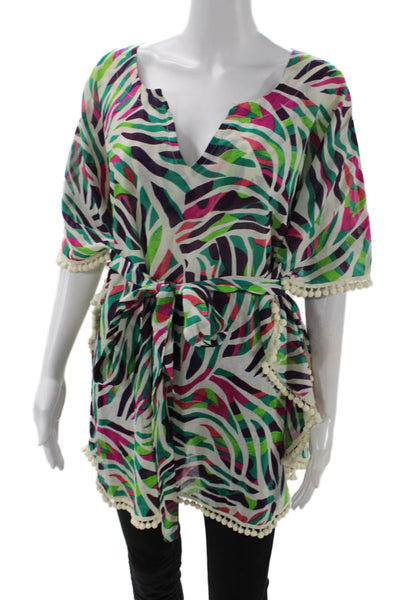 Si Belle Womens Printed Pom-pom Detail Poncho Blouse Top Green Size L