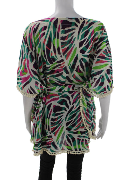 Si Belle Womens Printed Pom-pom Detail Poncho Blouse Top Green Size L