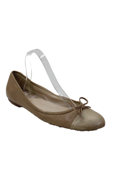 Delman Womens Slip On Metallic Cap Toe Bow Ballet Flats Brown Leather Size 10M