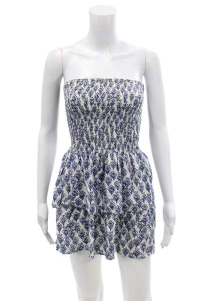 Subdued Womens Printed Smocked Strapless Layered Dress Blue White Size 6