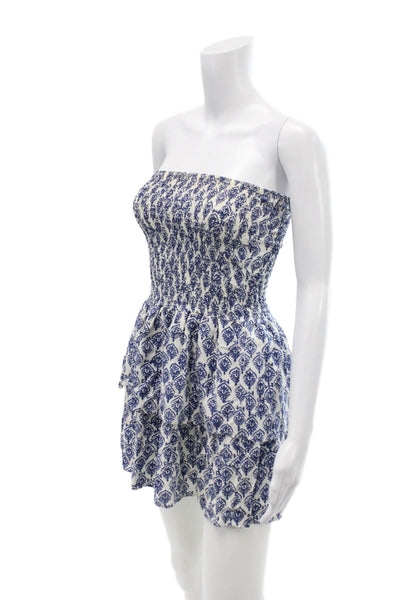 Subdued Womens Printed Smocked Strapless Layered Dress Blue White Size 6
