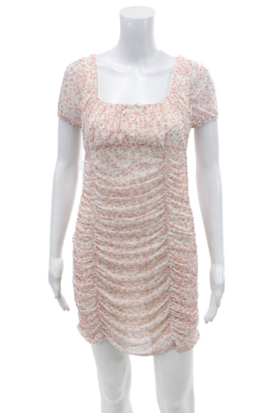 LA Hearts Womens Ruched Floral Mesh Off Shoulder Bodycon Dress Pink Size Medium
