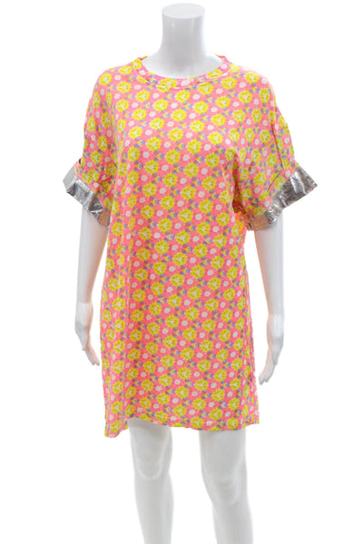 Yvonne S Womens Cotton Printed Crew Neck Short Sleeve T-Shirt Dress Pink Size S