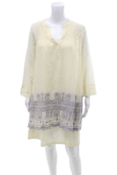 Designer Womens Embroidered Detail V-Neck Long Sleeve A-Line Dress Beige Size 1