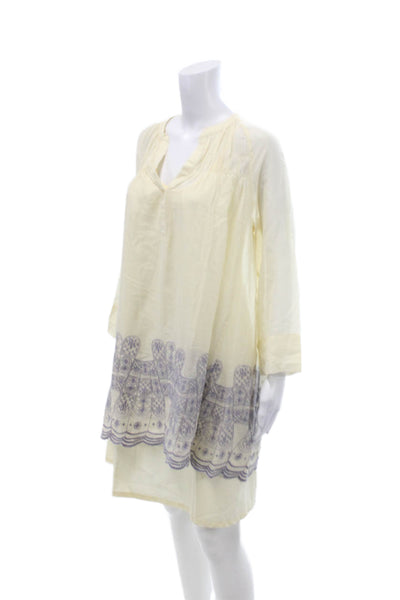 Designer Womens Embroidered Detail V-Neck Long Sleeve A-Line Dress Beige Size 1