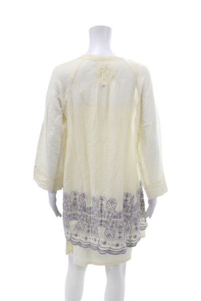 Designer Womens Embroidered Detail V-Neck Long Sleeve A-Line Dress Beige Size 1